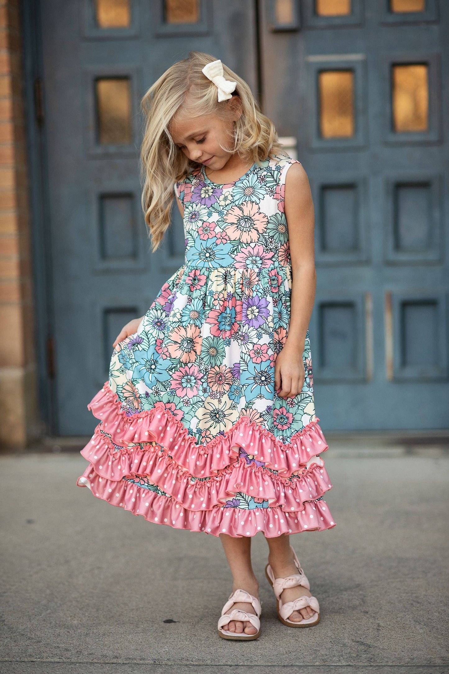 Girls Pastel Pink Floral 3 Ruffle Spring Summer Easter Dress 117338602