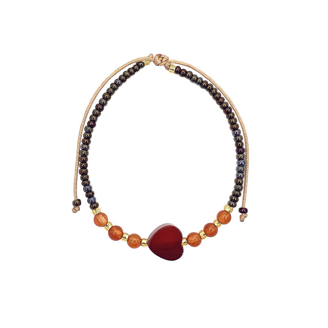 Heart Tumbled Stone Beaded Pull Tie Bracelet  BDBBHRTPTBR