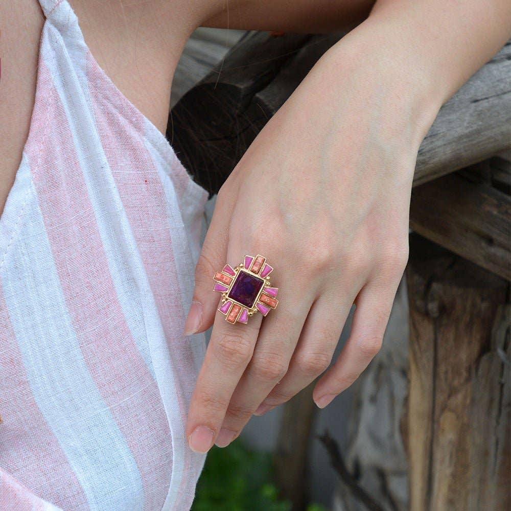Santa Fe Purple Turquoise Golden Statement Ring