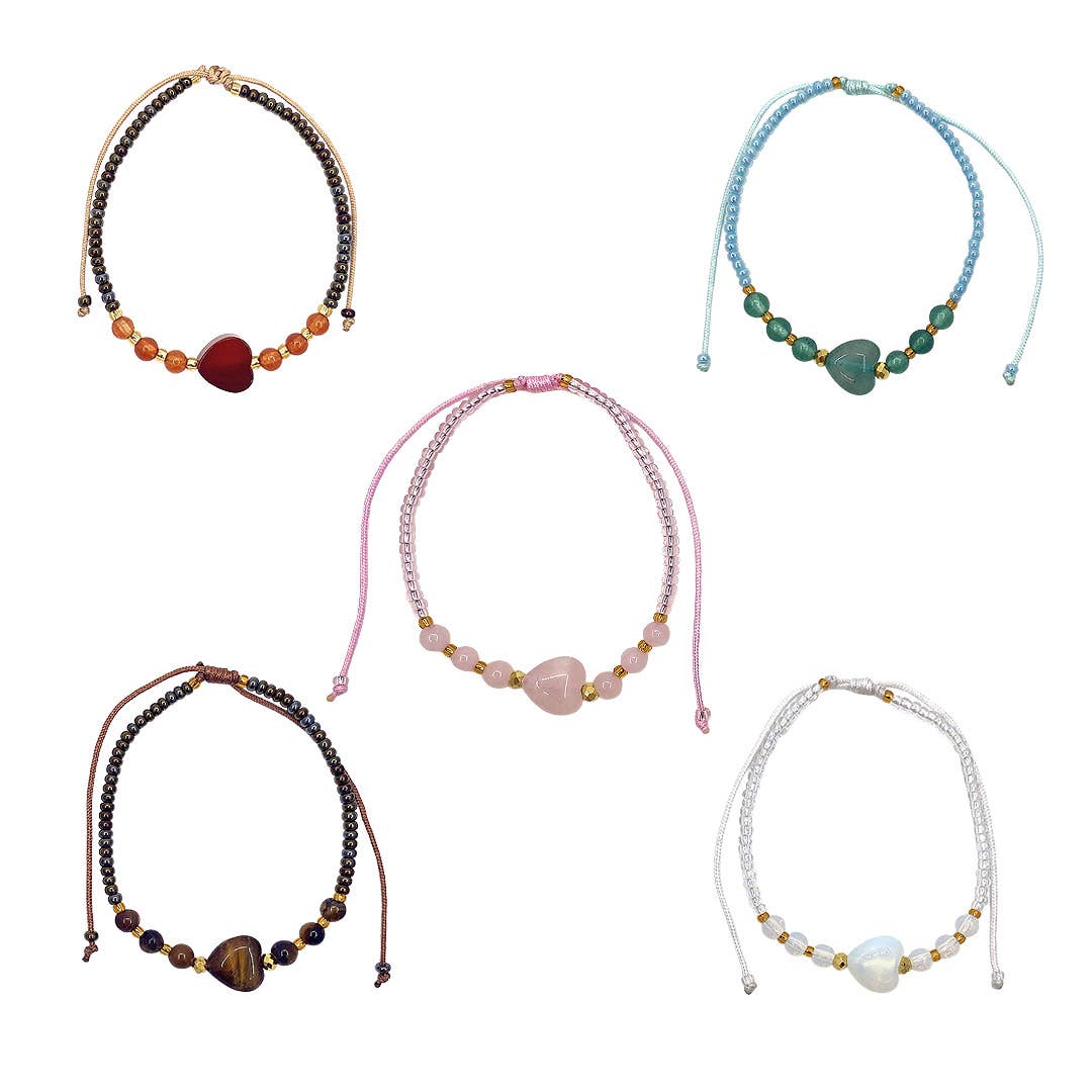 Heart Tumbled Stone Beaded Pull Tie Bracelet  BDBBHRTPTBR