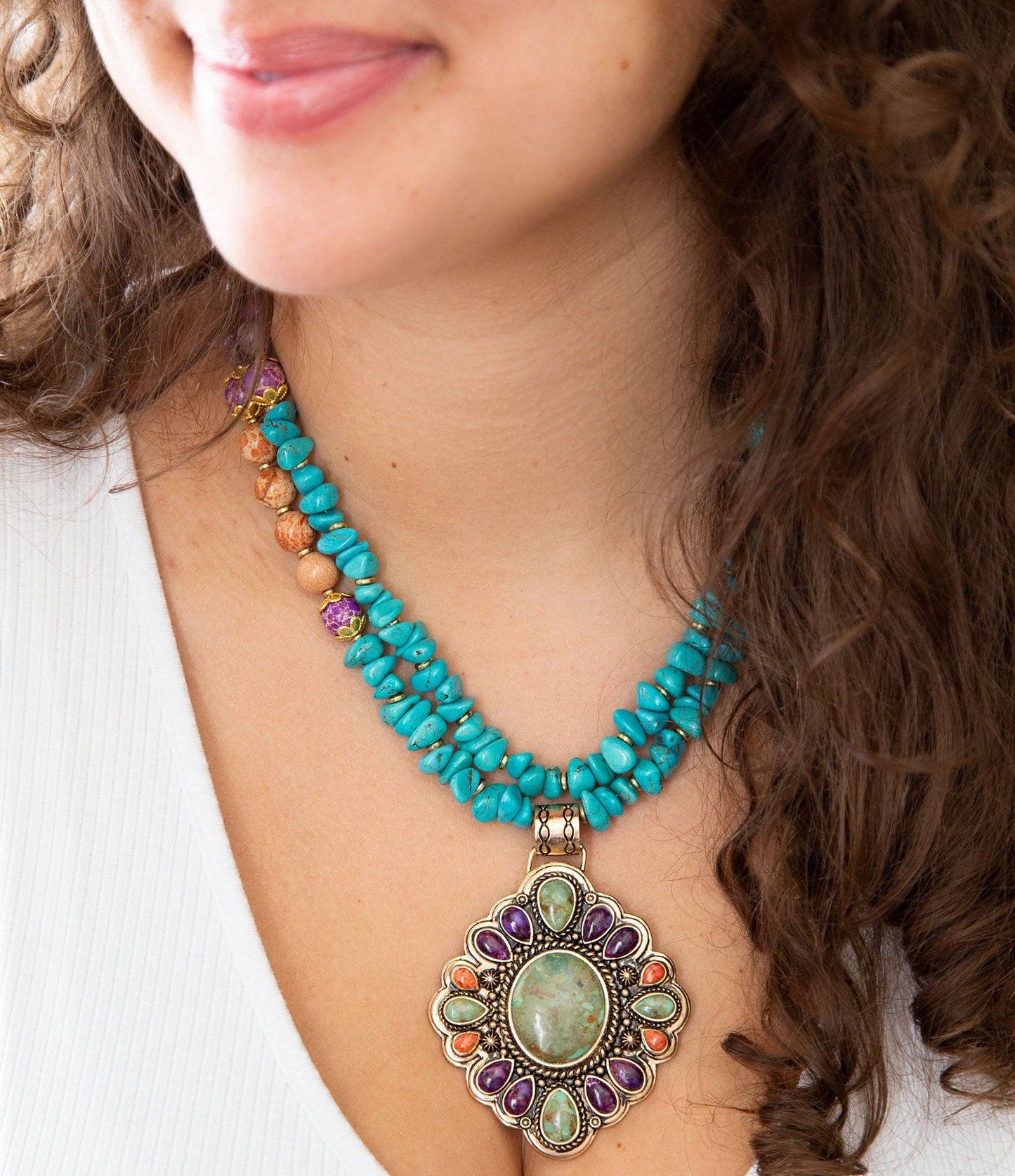Prescott Blue Turquoise Purple and Orange Statement Pendant Golden Necklace PRSCN01PMUB