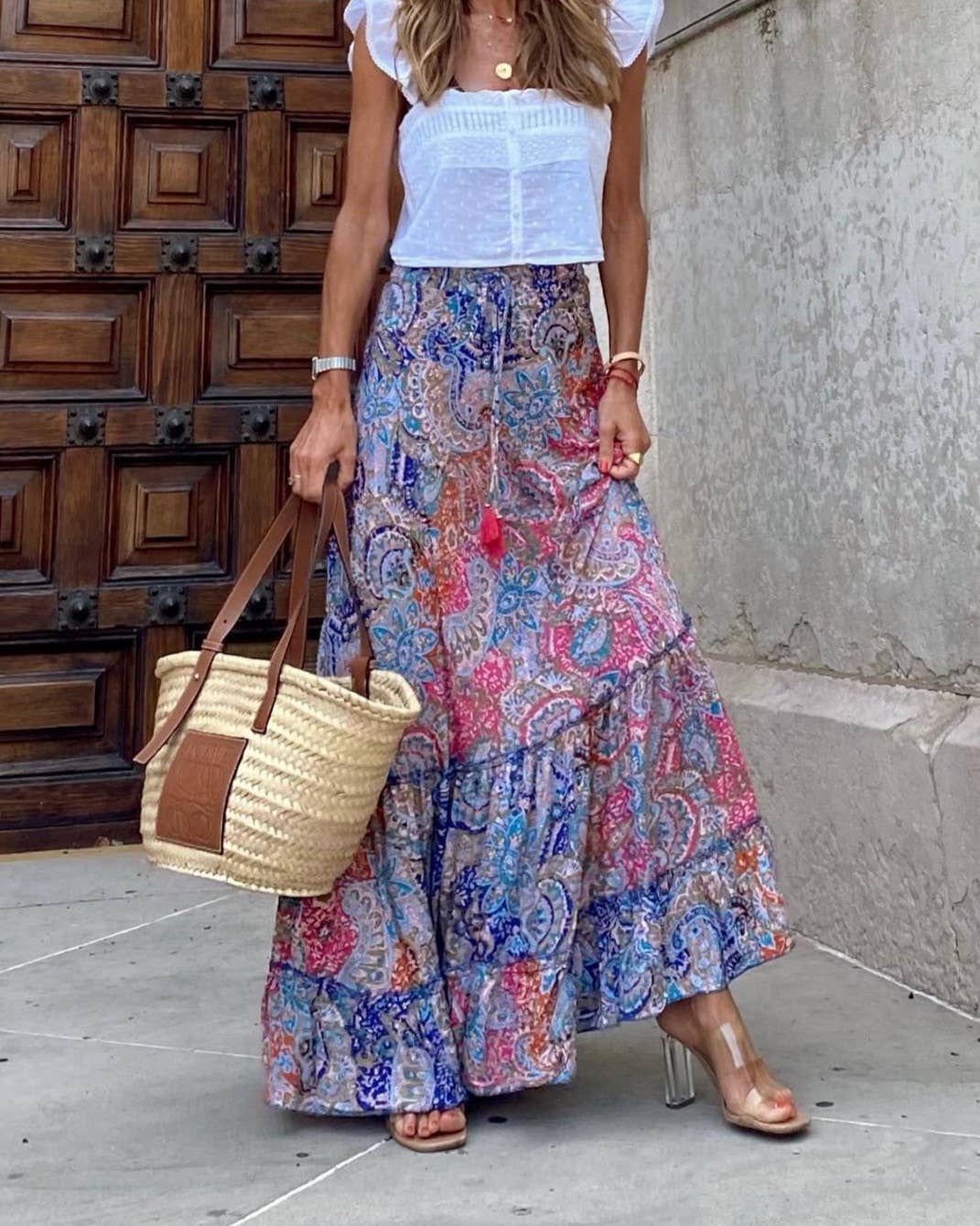 Printed Holiday Large Swing Maxi Skirt