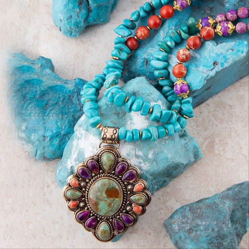 Prescott Blue Turquoise Purple and Orange Statement Pendant Golden Necklace PRSCN01PMUB