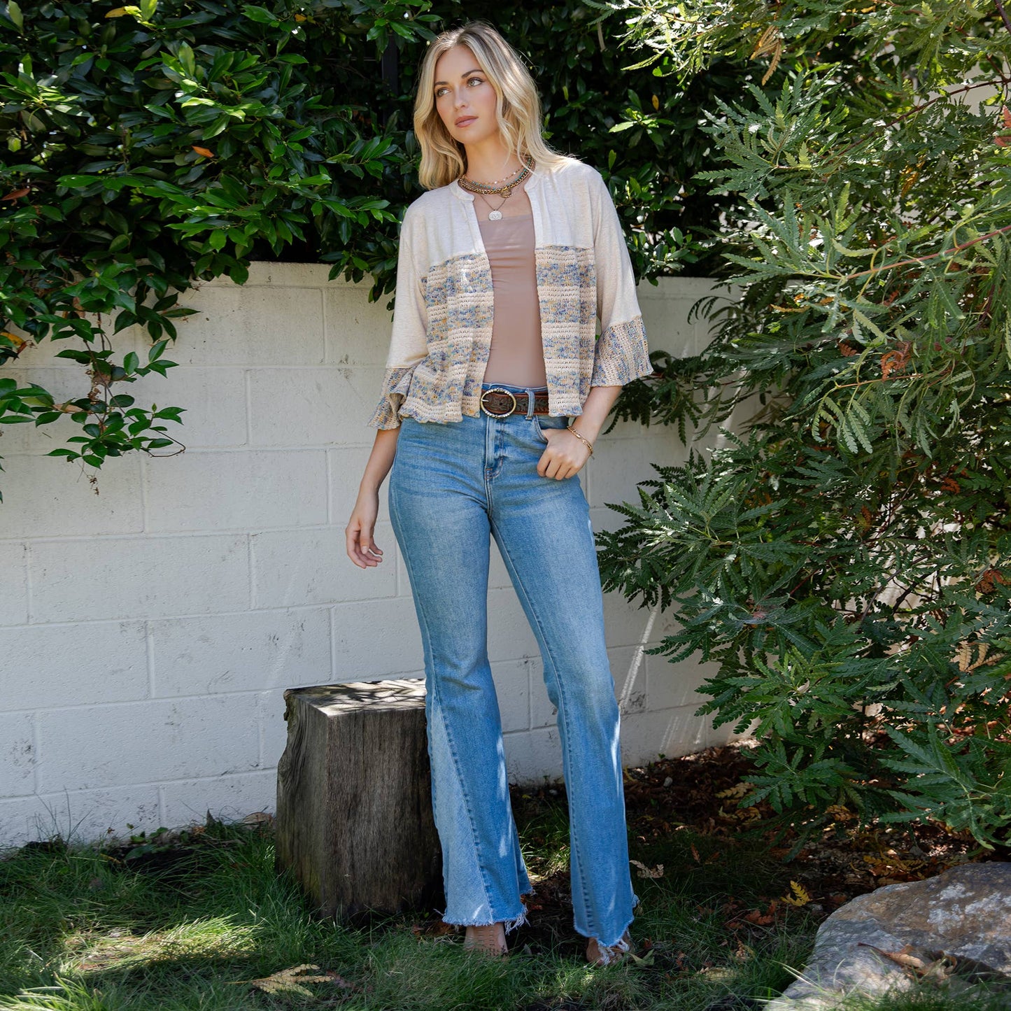 Boho Chic: Tiered Patchwork Denim Cropped Shrug TP44379