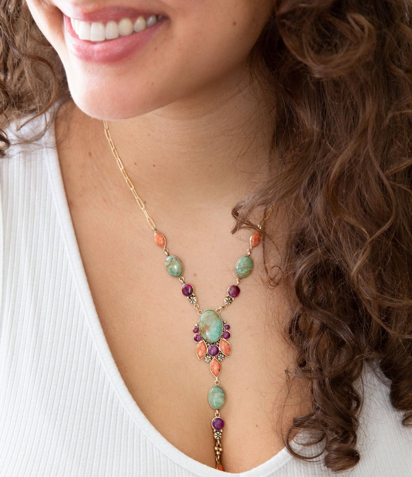 Regalia Blue Turquoise Purple and Orange Coral Golden Y Necklace REGLB02