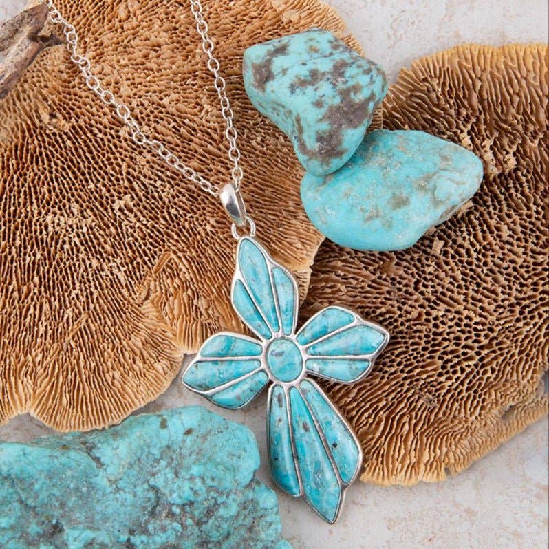 Blue Turquoise Cross Pendant Sterling Silver Necklace EXCLN15T