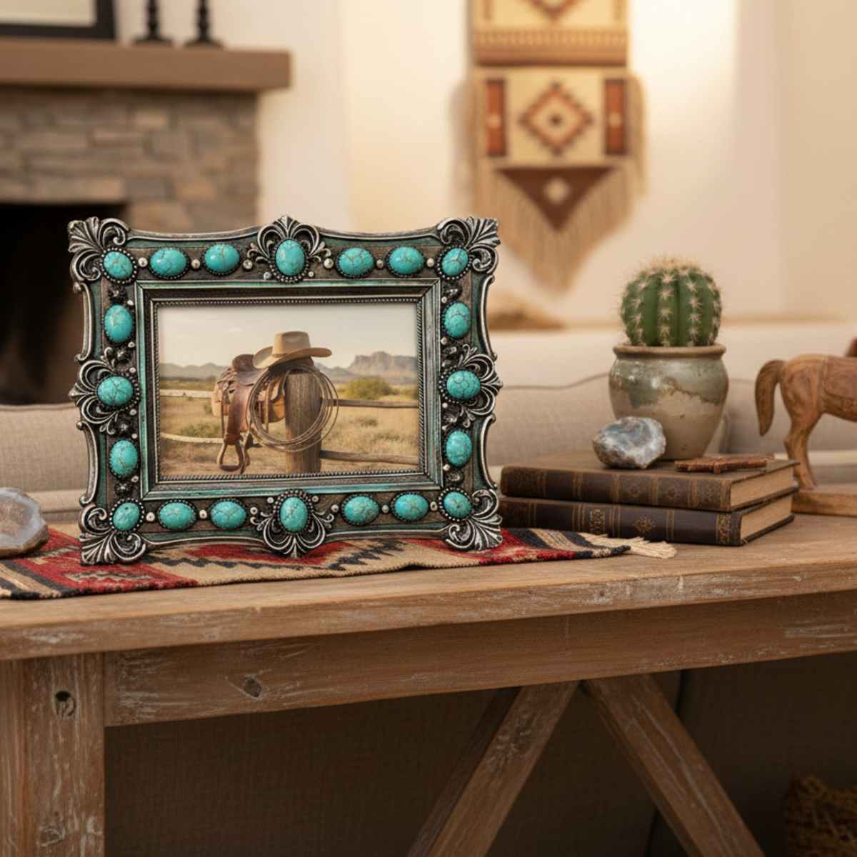 Western Ornate Scroll Turquoise Beads 6” x 4” Picture Frame 14021