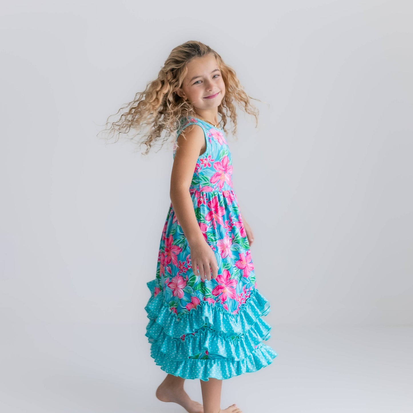 Kids Pink Blue Tropical 3 Ruffle Spring Summer Easter Dress 117522018