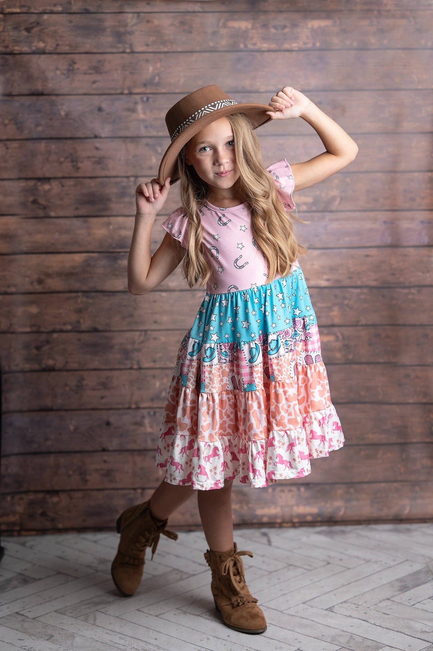Girls Pink Blue Cowgirl Ruffle Tiered  Dress 26102100186