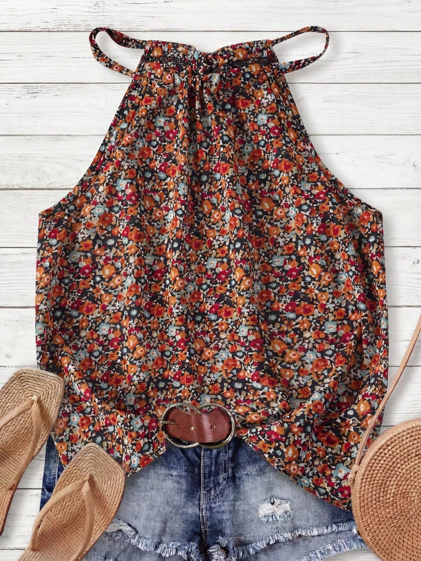 Boho Ditsy Floral Halter Neck Camisole Summer Tank Top