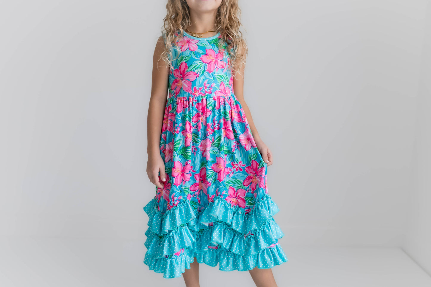 Kids Pink Blue Tropical 3 Ruffle Spring Summer Easter Dress 117522018