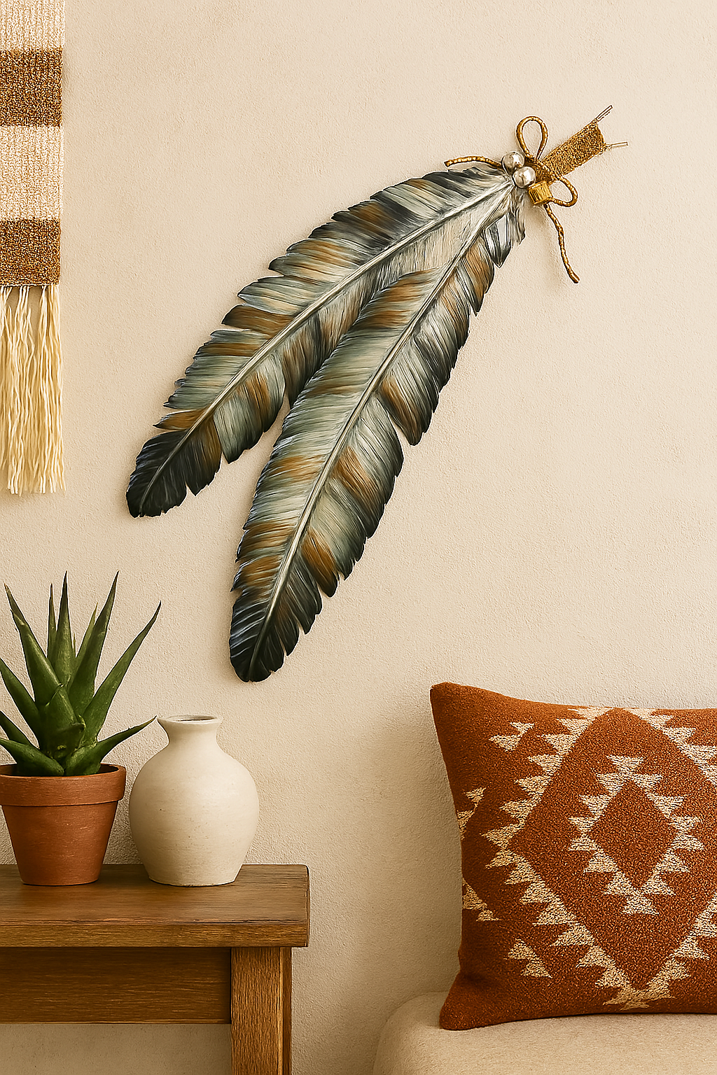 Metal Neutral Double Feather Wall Hanging 14842