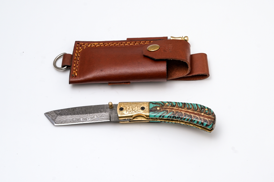 Hand-Forged Damascus Tanto Folder | Teal Pine Cone Handle with Engraved Brass Bolster & Fire Starter