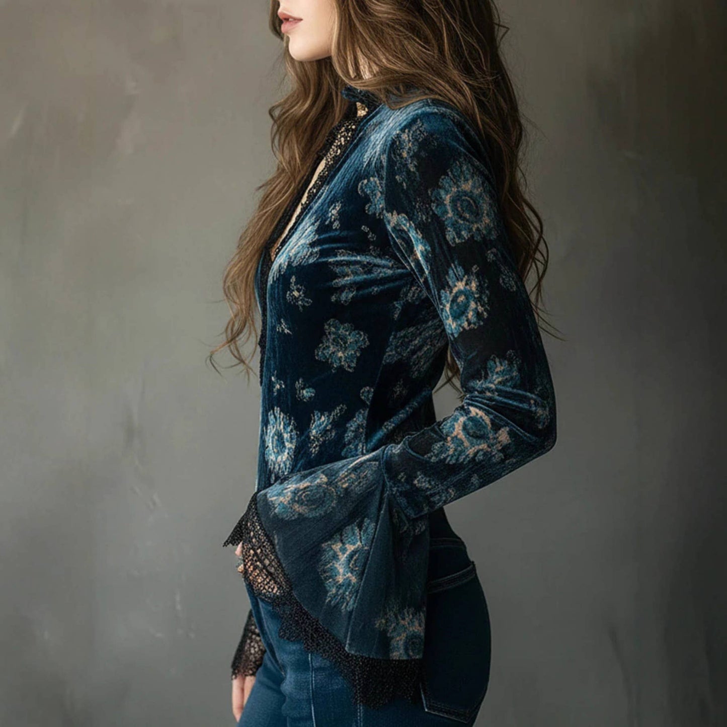 Floral Lace Trim Long Sleeve Blouse