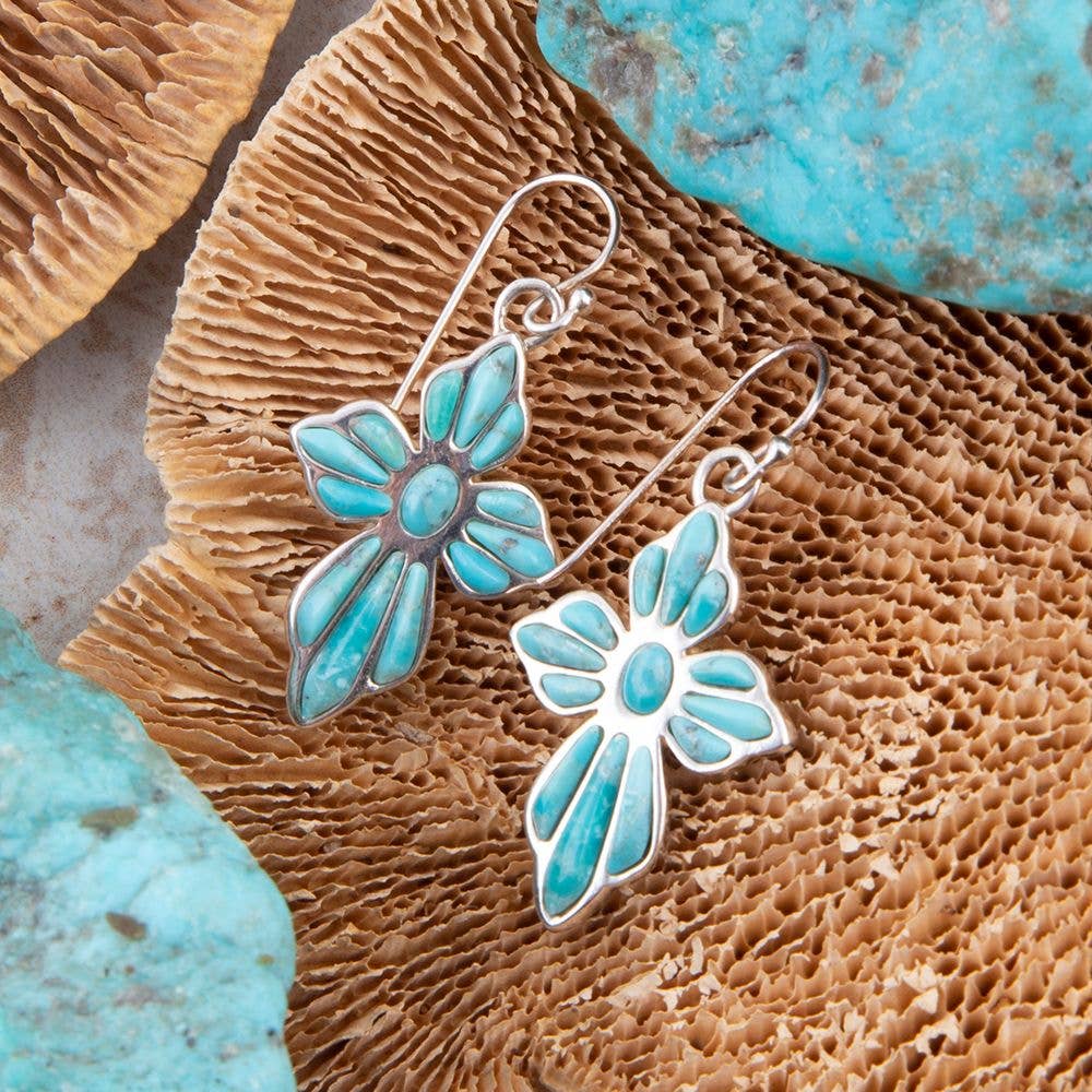 Blue Turquoise Cross Silver Drop Earrings EXCLE293T01P