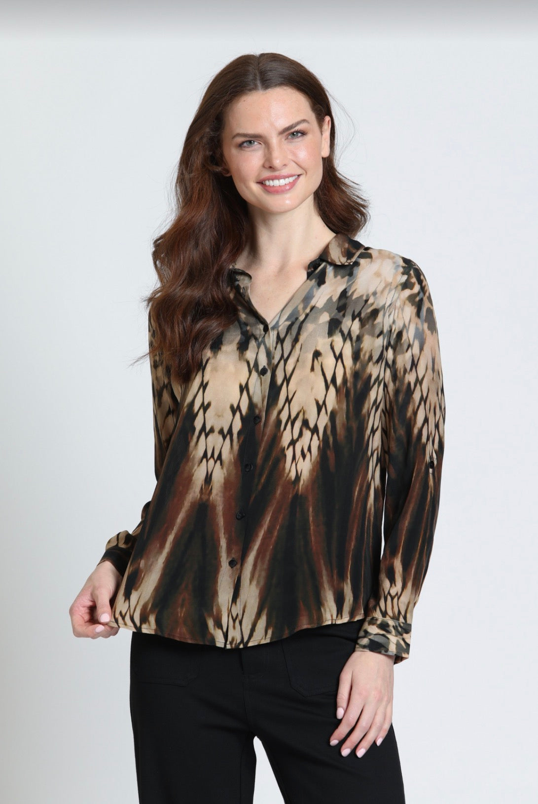 APNY Button-up With Roll-up Sleeve Shirt Blouse B52P