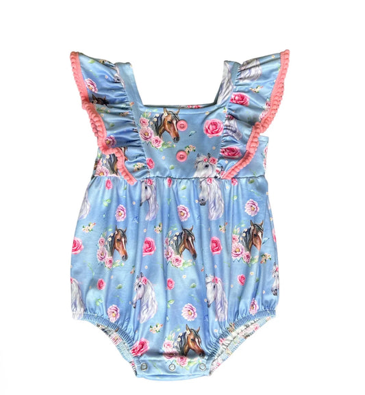 Shea Baby Blue Floral Horse Romper Baby ORP01