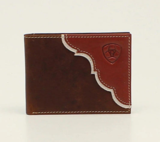 Ariat Men's Brown with Tan Overlay and Embossed Shield Logo Bifold Wallet A3547908