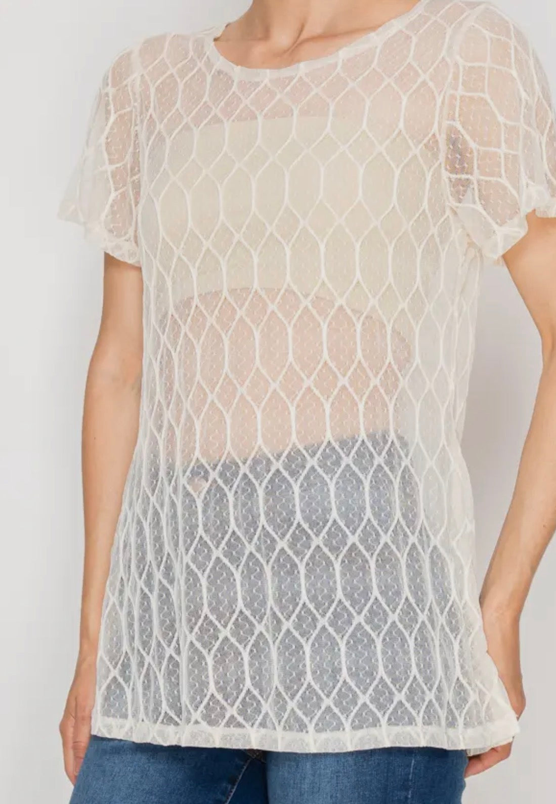 Sheer Lattice Mesh Short Sleeve Blouse OLS4868 Beige