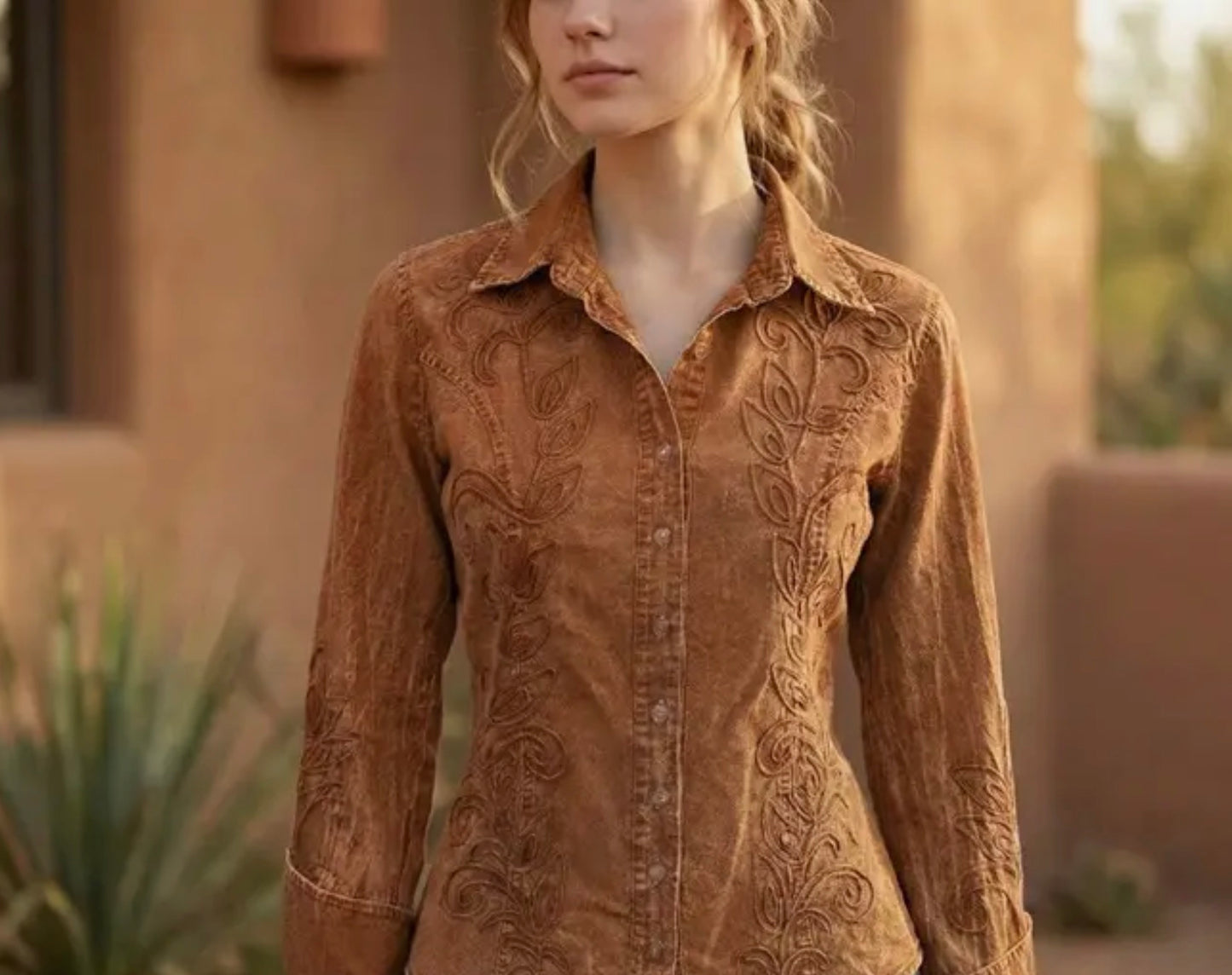 Cotton Blouse w/ Leaf-Embroidered Folded Cuff Detail LS-217