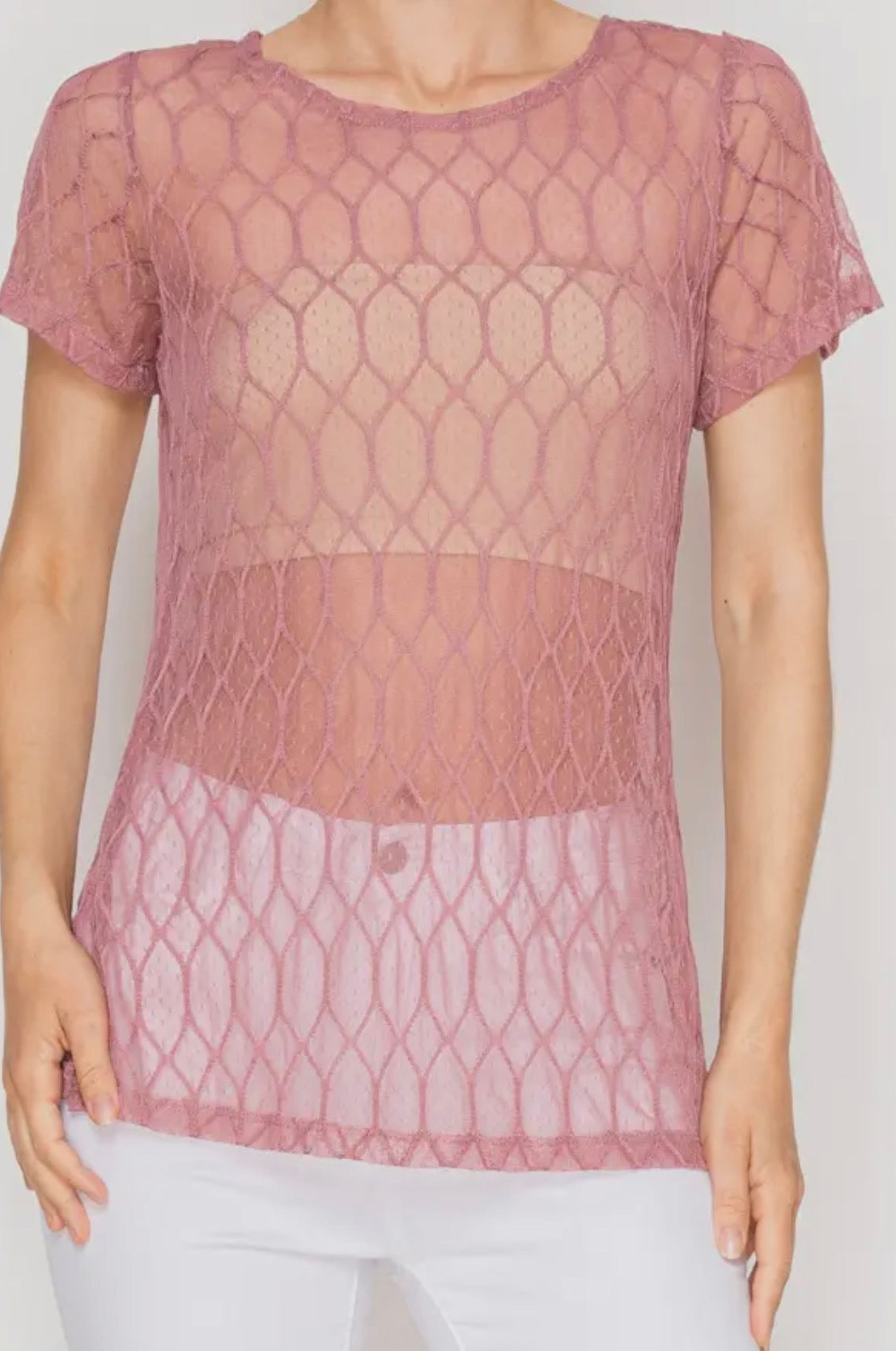 Sheer Lattice Mesh Short Sleeve Blouse OLS4868 DUSTY Rose