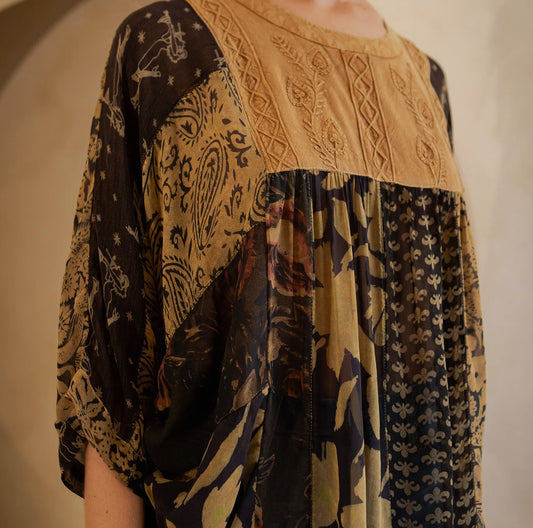 Bohemian: Tiered Patchwork Blouson Top TP23378RG
