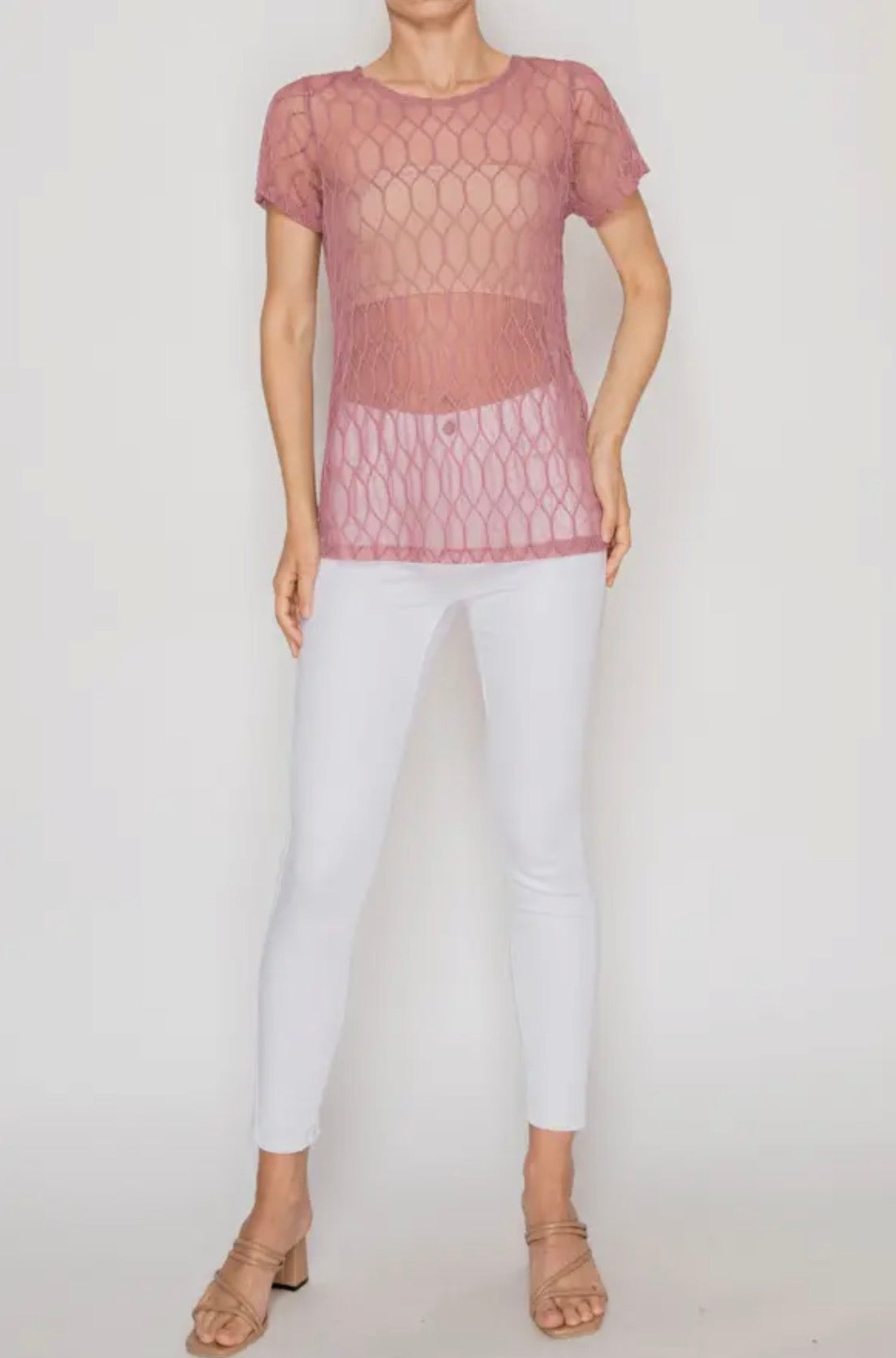 Sheer Lattice Mesh Short Sleeve Blouse OLS4868 DUSTY Rose