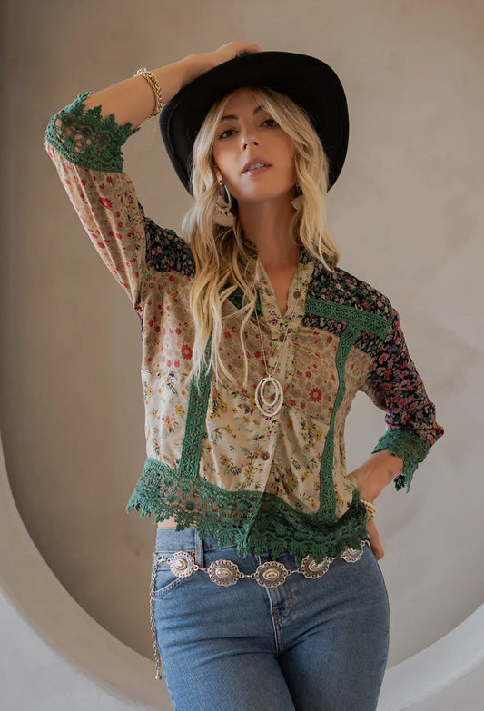 Earthy Boho Button Down Cropped Shirt TP44355RGBS