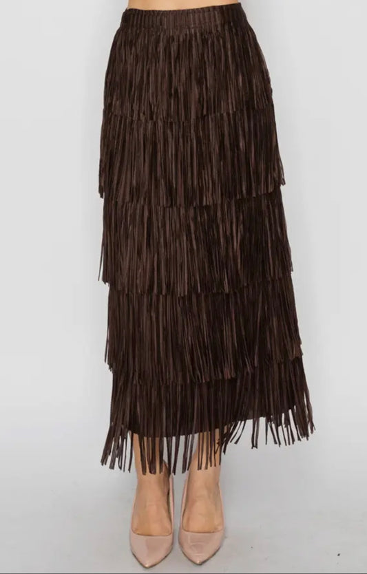 Layered Fringe Tiered Maxi Skirt OLS4794 BROWN