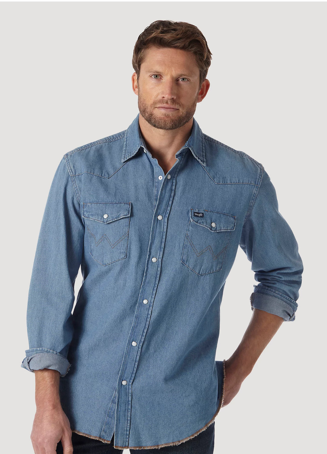 Wrangler COWBOY CUT® LONG SLEEVE WESTERN DENIM SNAP WORK SHIRT IN STONEWASH 70127SW