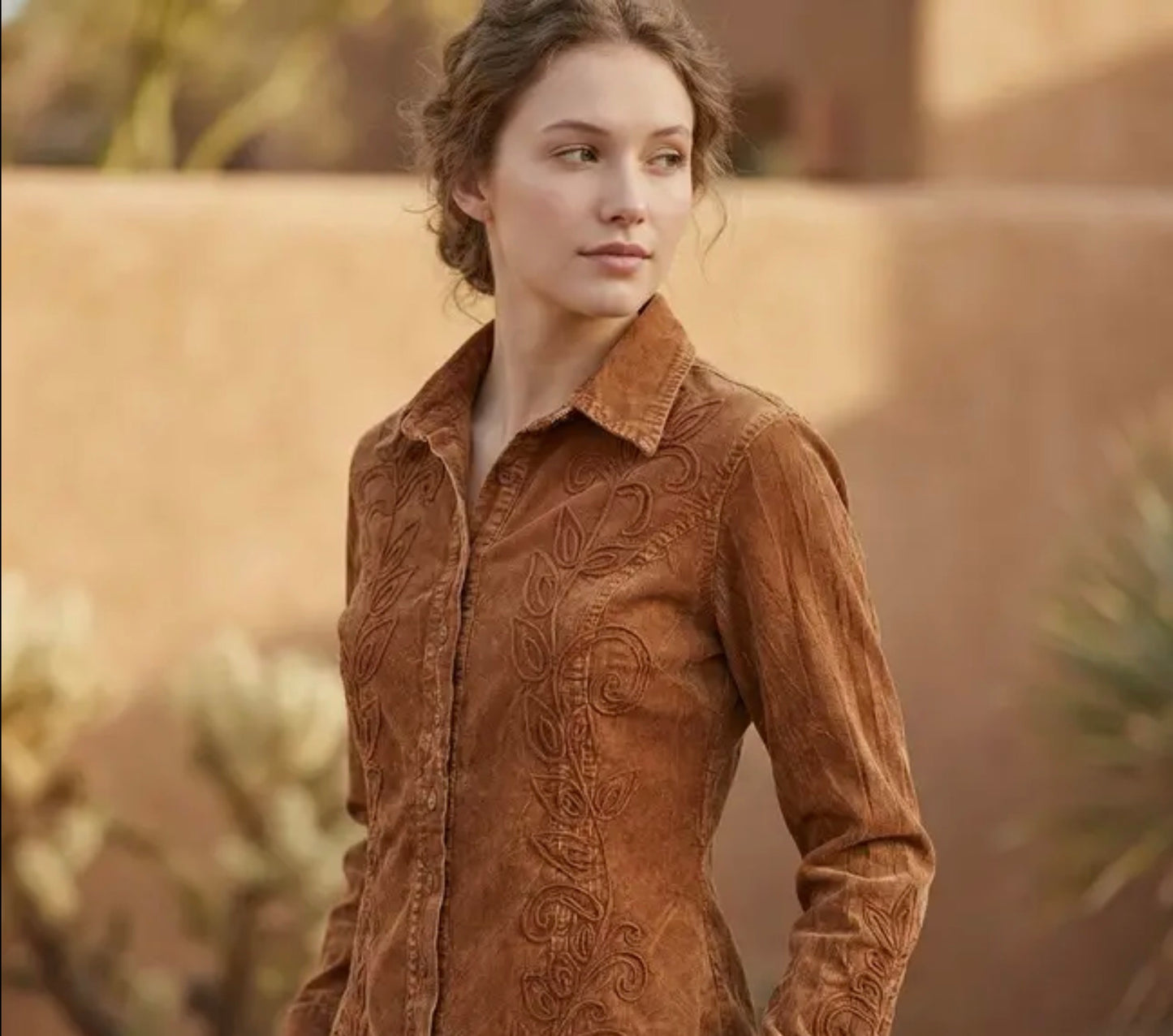 Cotton Blouse w/ Leaf-Embroidered Folded Cuff Detail LS-217