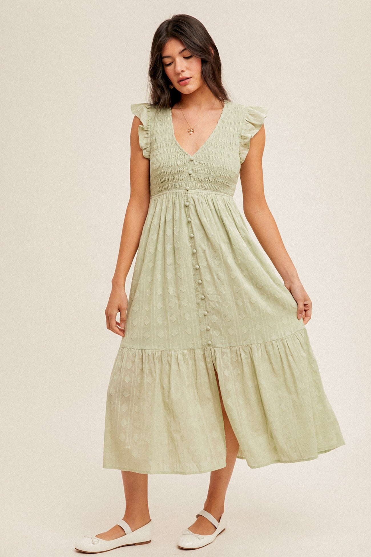 Ruffle Trim Sage Dress 33849