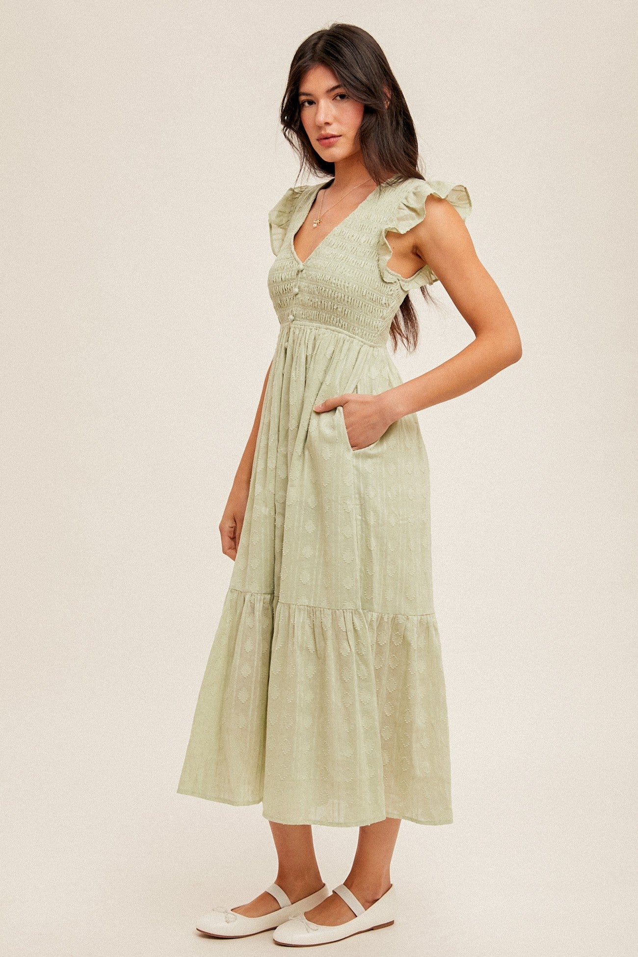 Ruffle Trim Sage Dress 33849