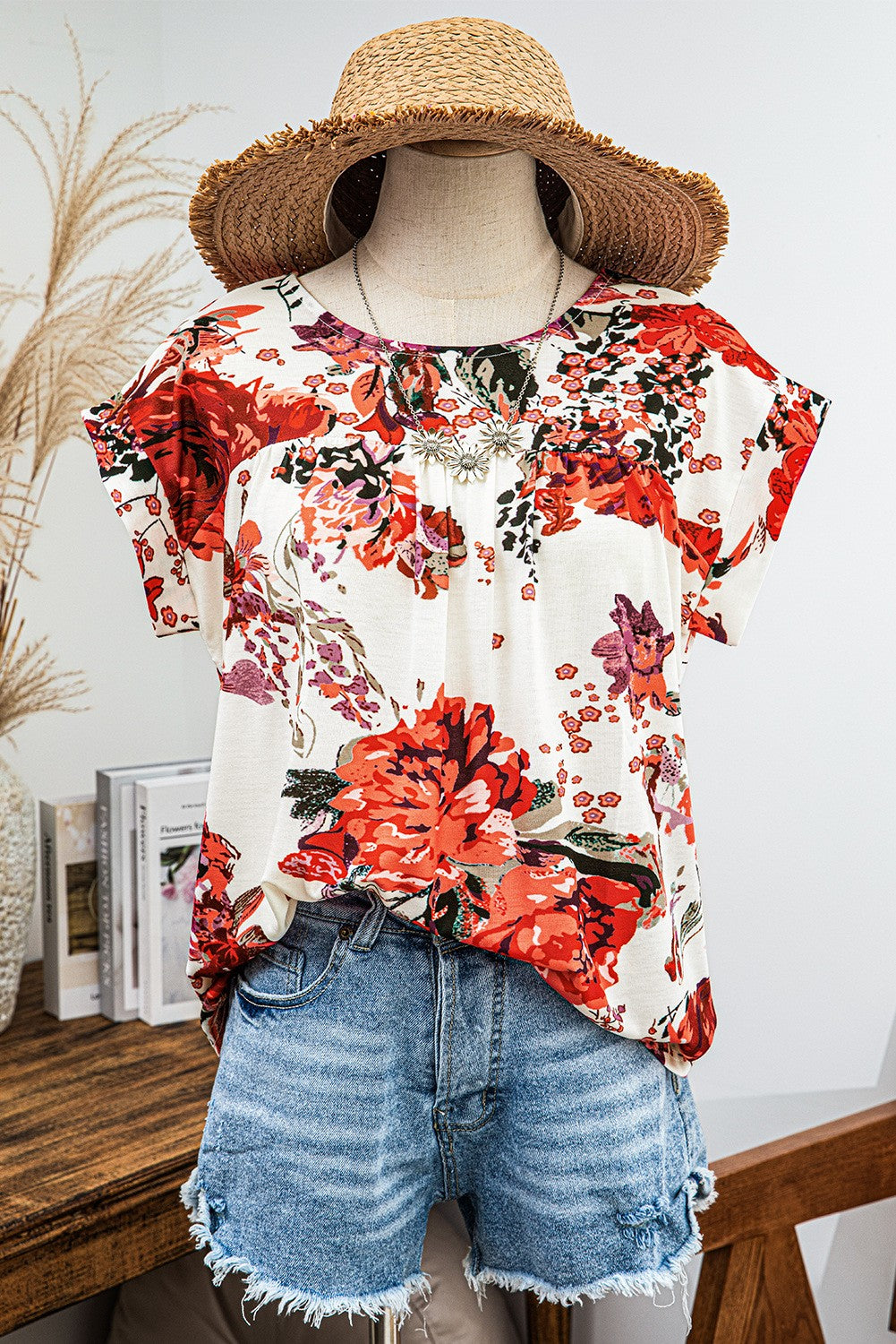 Ladies Red Floral Short Sleeve Round Neck Blouse FSWRK251213053