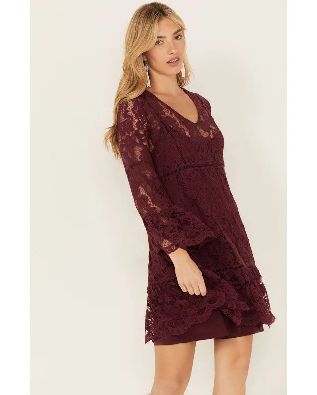 Scully Ladies Long Sleeve Lace Dress Merlot HC557