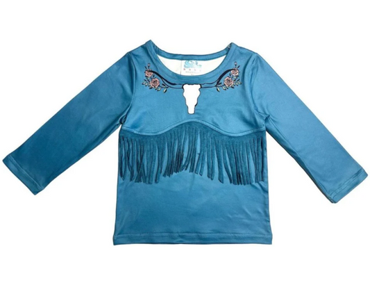 Shea Baby Toddler Girls Blue Steer Head Fringe Shirt BSH01