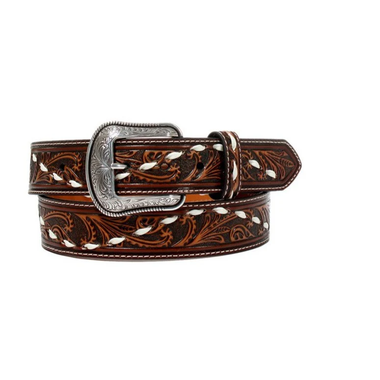 3D Belt Co Men's Floral Tooled White Buck Lace Belt in Brown D100013902