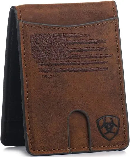 Ariat Men’s Brown Distressed USA Flag Bifold Money Clip Wallet A3546002