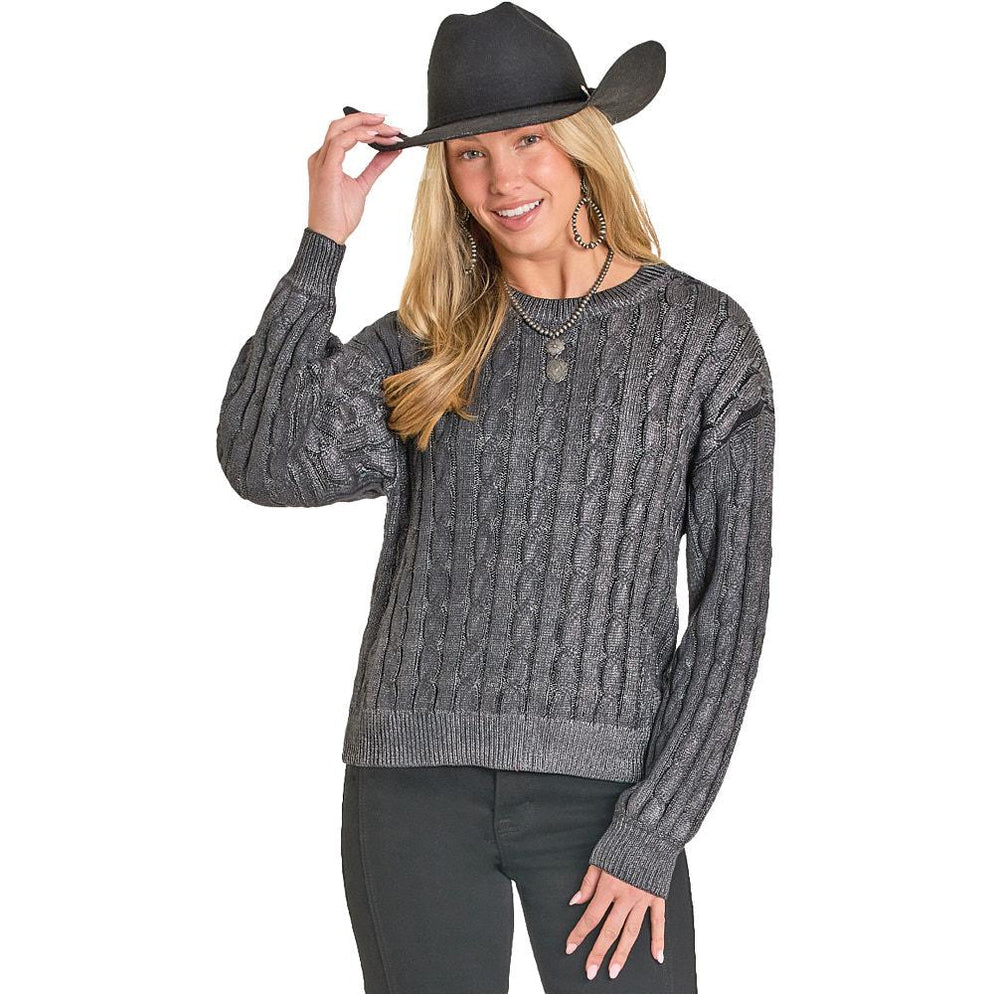 Rock & Roll Denim Women's Silver Cable Knit Sweater BW32T07808