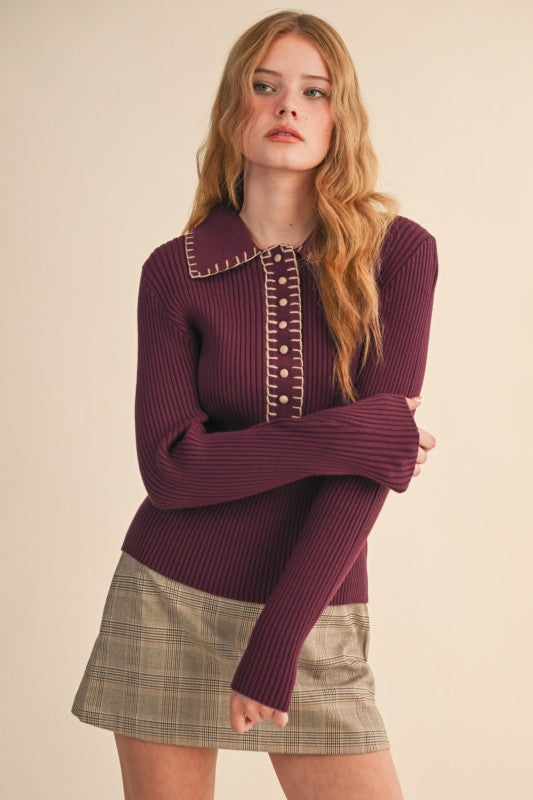 Sweater Collared Ribbed Contrast Stitch MSW11233