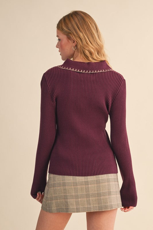 Sweater Collared Ribbed Contrast Stitch MSW11233
