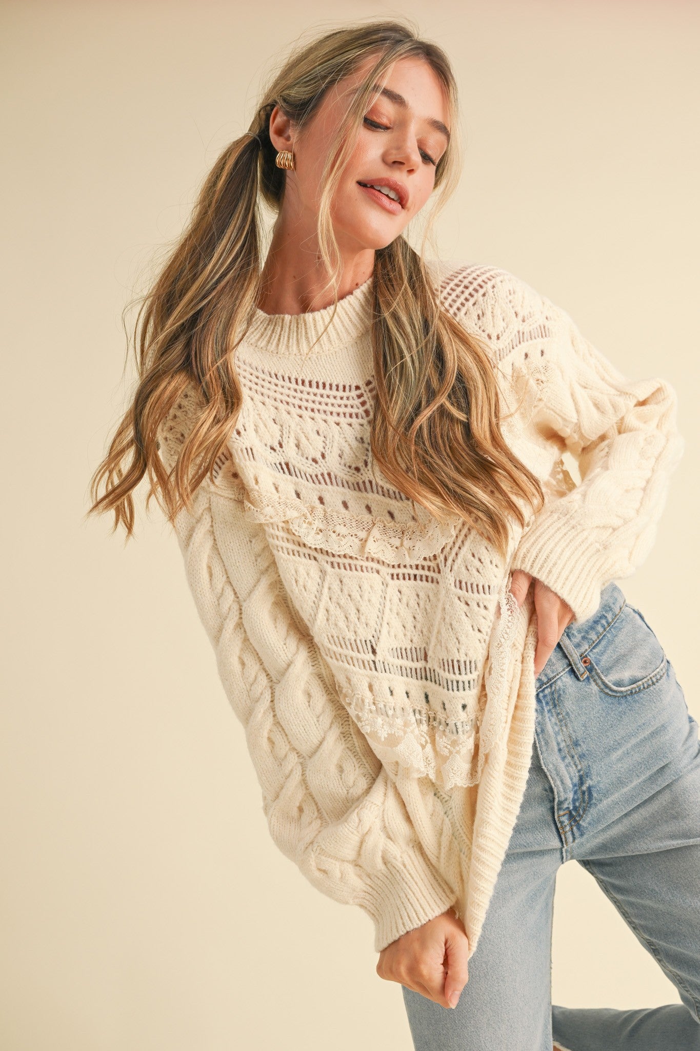 Lace Trim Pointelle Sweater Cream MSW10655