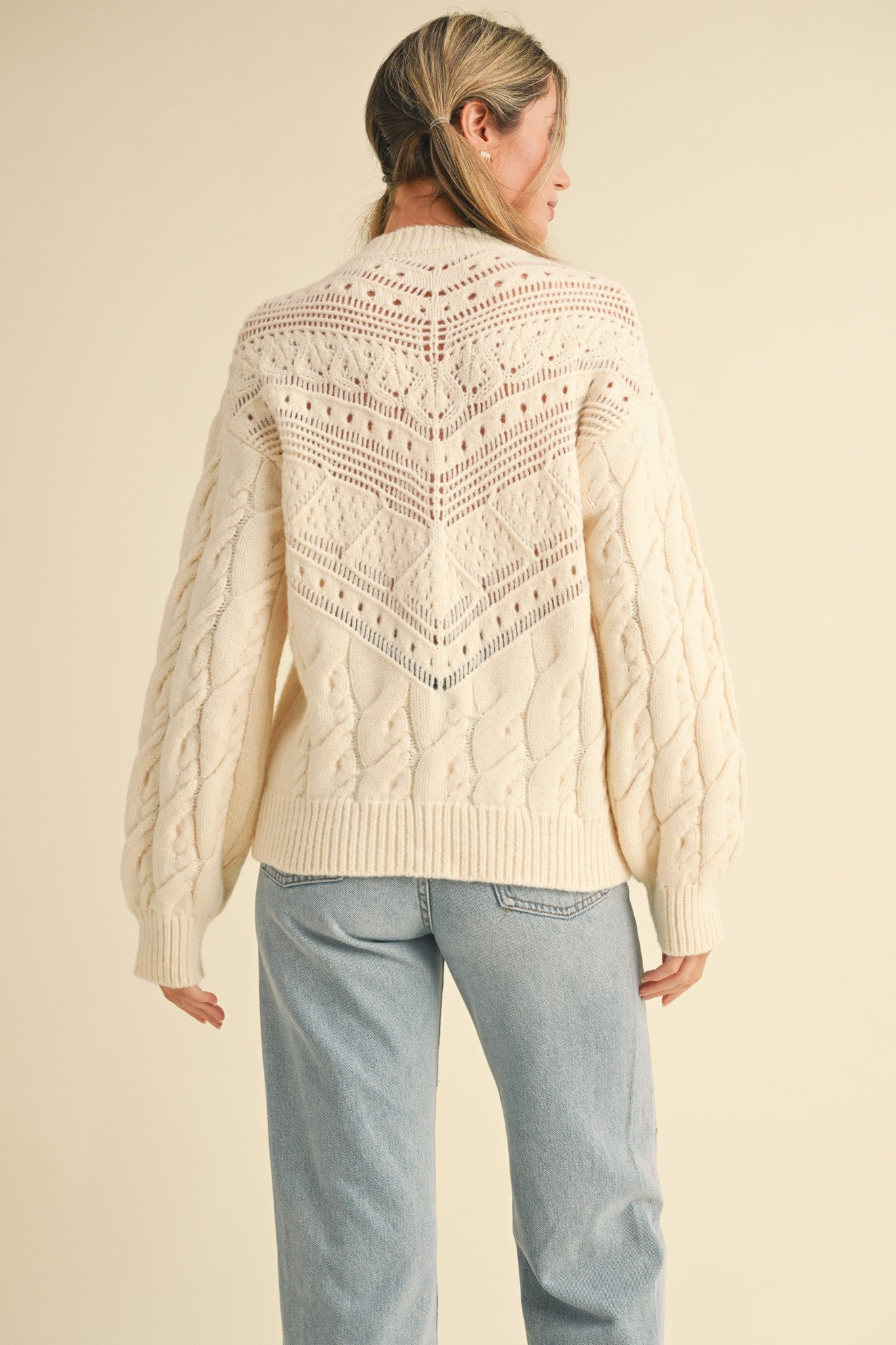 Lace Trim Pointelle Sweater Cream MSW10655