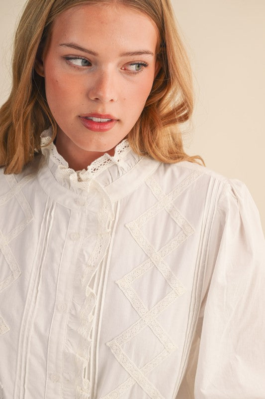 Ruffle Lace Trim Button Down MTP4210