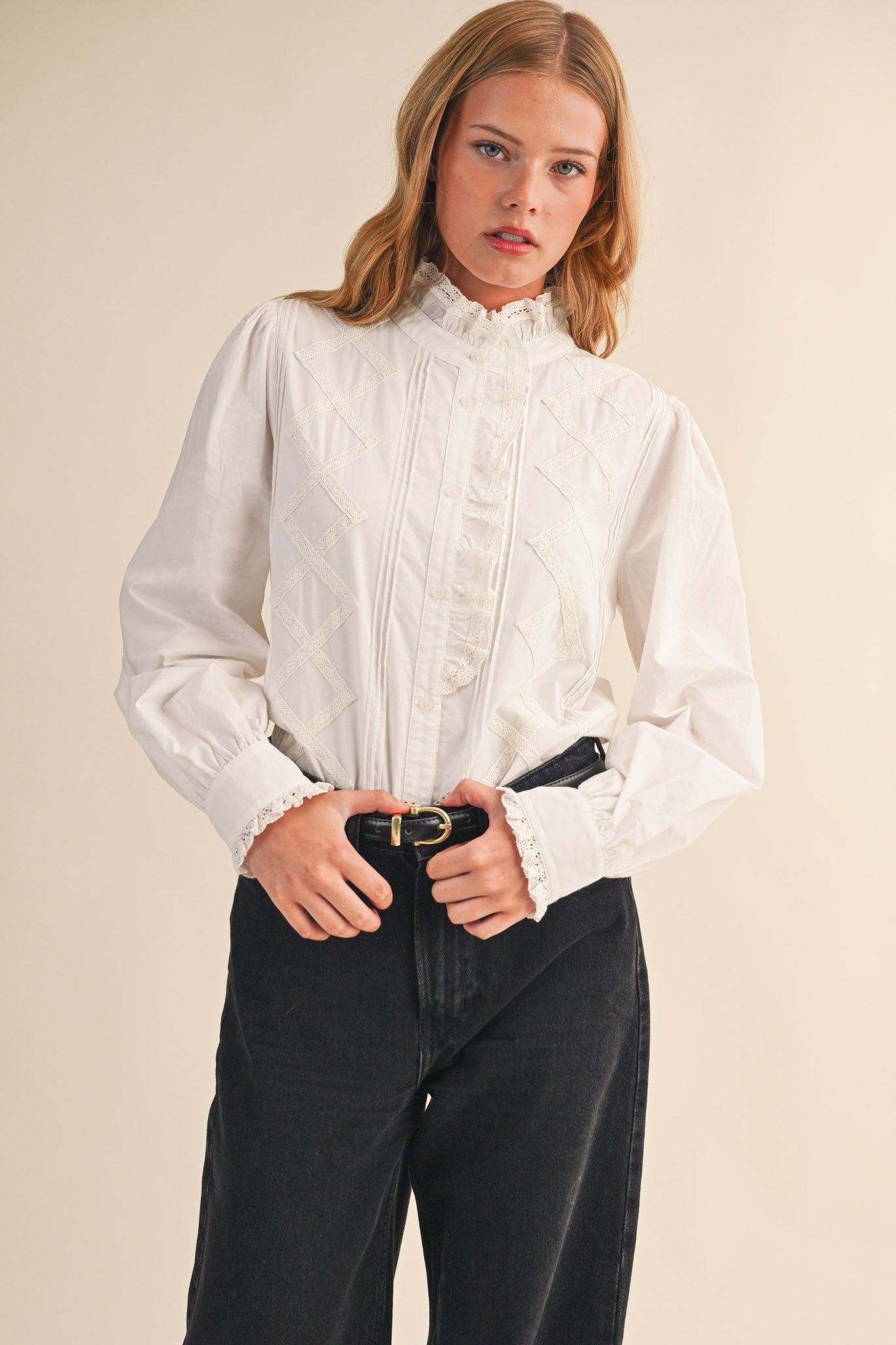 Ruffle Lace Trim Button Down MTP4210