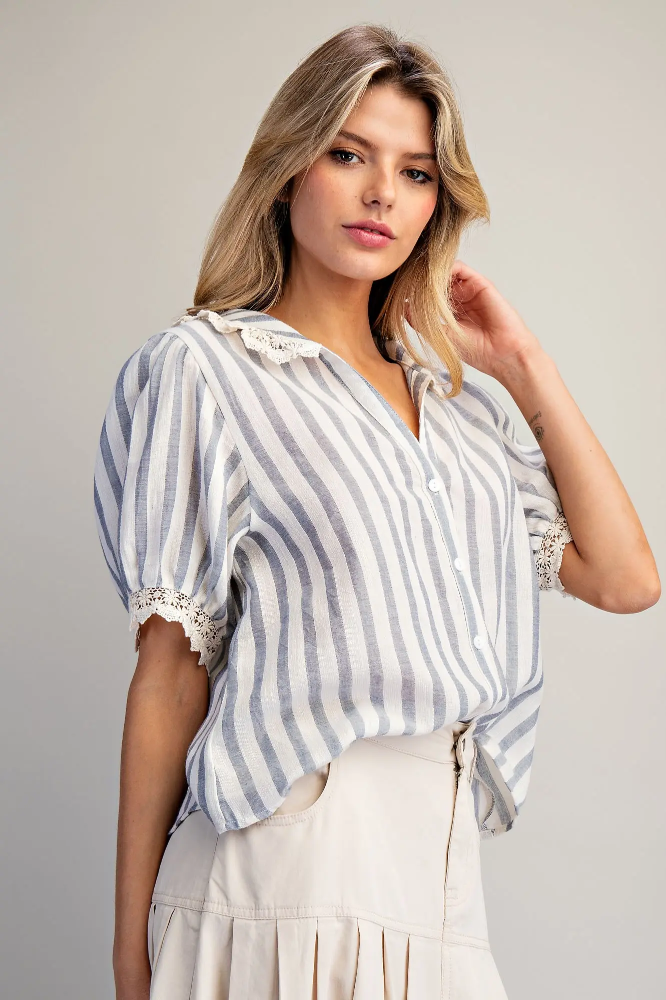 Ladies Blouse Lace Trimmed Striped Button Down Shirt TH15429