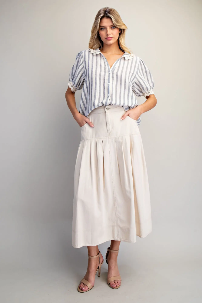 Ladies Blouse Lace Trimmed Striped Button Down Shirt TH15429