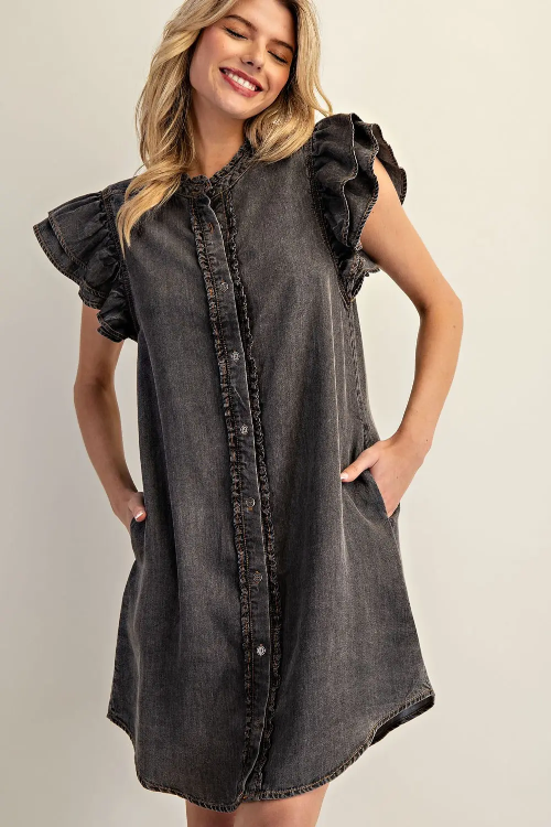 Dress Black Denim Ruffles DK14420