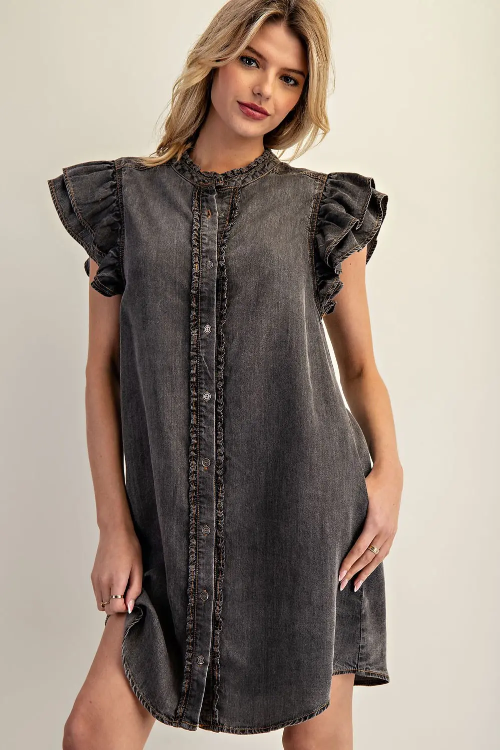 Dress Black Denim Ruffles DK14420