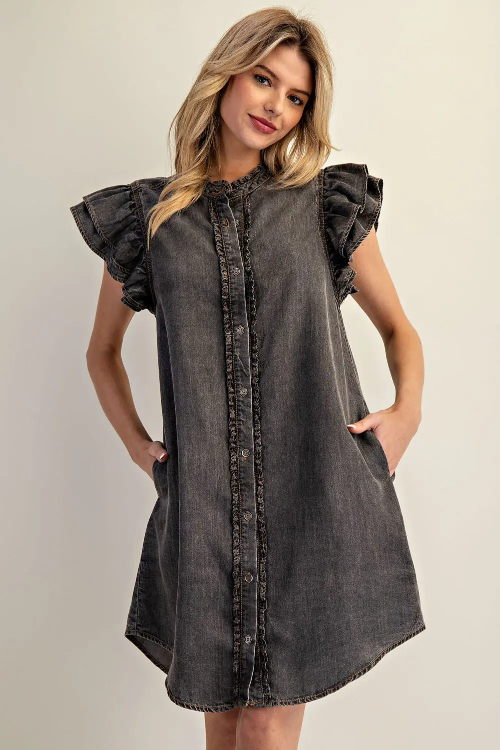 Dress Black Denim Ruffles DK14420